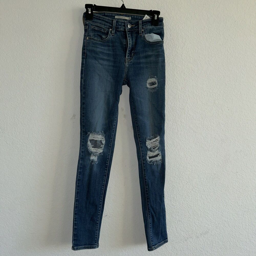 Levis 721 High Rise Skinny W25xL30 Distressed Denim Blue Jeans Red Tab Stretch
